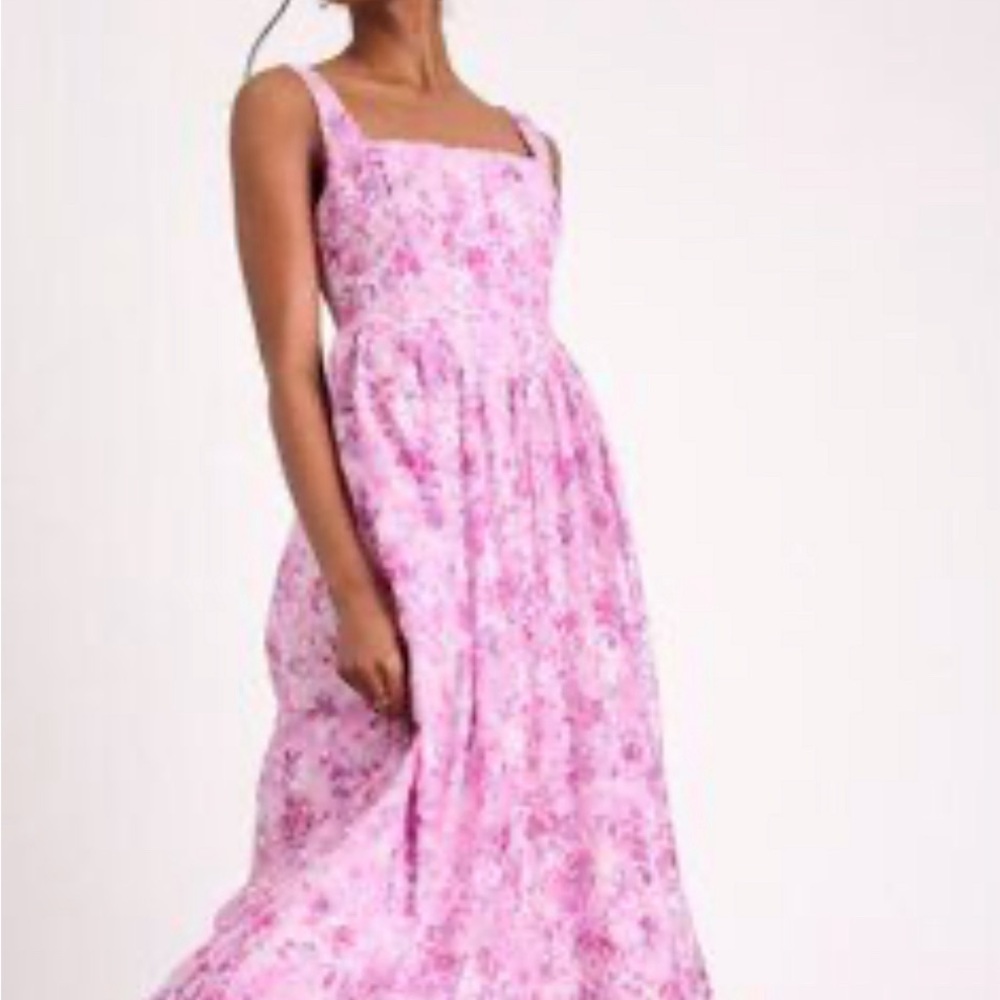 Lulus Colwyn Light Magenta Floral Jaguard Bustier Midi Dress Womenn Size L NWT